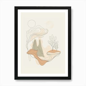 A minimalist single-line drawing featuring Dreamy, surreal landscape with floating islands and whimsical creatures themes, executed on a white background with a beige color scheme Art Print