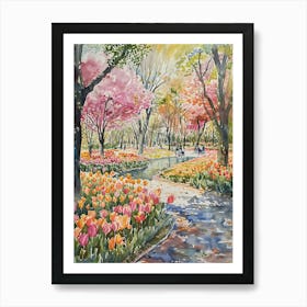 Colorful Tulips Park Watercolor Wall Art Print