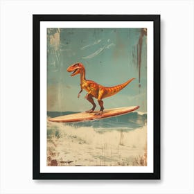 Vintage Dilophosaurus Dinosaur On A Surf Board 1 Art Print