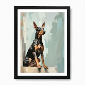 Doberman Pinscher Dog, Painting In Light Teal And Brown 0 Art Print