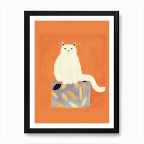 White Cat Orange Background Illustration 7 Art Print