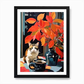 Camellia Flower Vase And A Cat, A Painting In The Style Of Matisse 2 Art Print