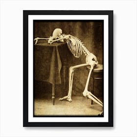 Drunk Skeleton by Albert Hasselwander - Skulls Dark Academia Biology Human Anatomy Wall Decor Funny Spooky Vintage Victorian Witchy Gothic Alcohol Weary Witchcore in Sepia Art Print