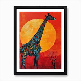 Giraffe In The Red Sunset Brushstroke Style 3 Art Print