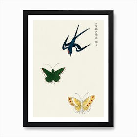 Japanese Vintage Original Woodblock Print Of Swallow And Butterflies From Yatsuo No Tsubaki, Taguchi Tomoki Art Print