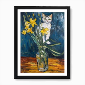 Still Life Of Daffodils With A Cat 2 Art Print