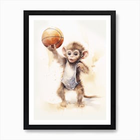 Monkey Painting Playing Basketball Watercolour 1 Art Print