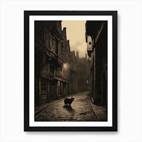Spooky Black Cat In Smoky Medieval Street Under Spotlight Art Print