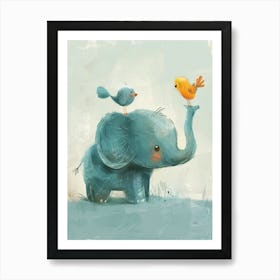 Small Joyful Elephant With A Bird On Its Head 13 Art Print