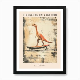 Vintage Gallimimus Dinosaur On A Surf Board Poster Art Print