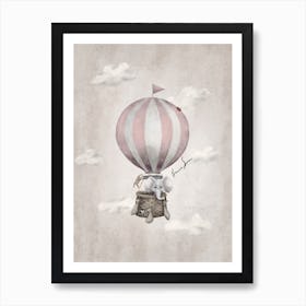 Pink Hot Air Balloon With Elephant Art Print