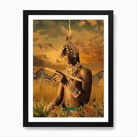 African Hunter With Zebras Poster