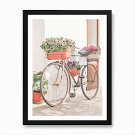 Puglia, Italy I Vintage retro bike with wild flowers photography in the Ostuni village in italian countryside in the atmosphere of Mediterranean sunshine light to the pastel summer aesthetic of La Dolce Vita Art Print