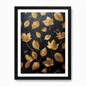 Gold Leaves On Black Background 1 Art Print