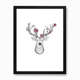 Dotwork Stag With Peonies Art Print