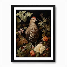 Ruffed Grouse Portrait With Rustic Flowers 1 Art Print