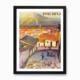 Peru, Red Roofs And A Mountain In The Distance Art Print