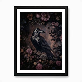 Dark Cottagecore Raven Vintage Dark Aesthetic Art Print for Witchy Gothic Wall | Dark Academia | Dark Florals in HD Art Print