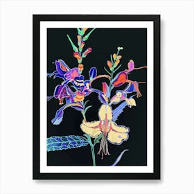 Neon Flowers On Black Aconitum 2 Art Print