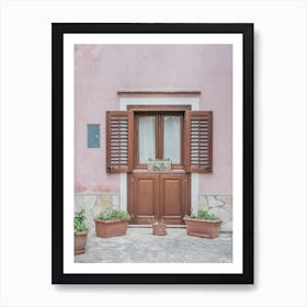 Brown Wooden Door In Pink House Art Print