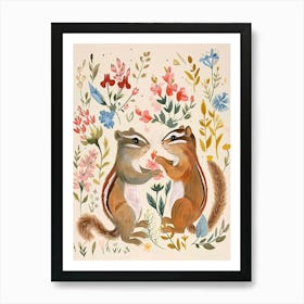 Folksy Floral Animal Drawing Chipmunk 2 Art Print