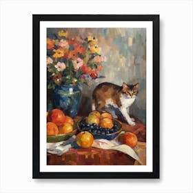 Flower Vase Aster With A Cat 2 Impressionism, Cezanne Style Art Print