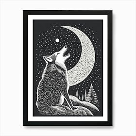 A Wolf Howling At A Crescent Moon Art Print