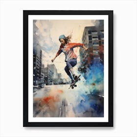 Girl Skateboarding In Vancouver, Canada Watercolour 4 Art Print