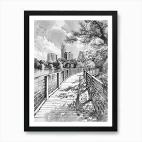 Lady Bird Lake And The Boardwalk Austin Texas Black And White Drawing 1 Art Print