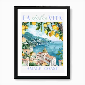 Amalfi Coast Italy Poster , Italian Illustration Art Print