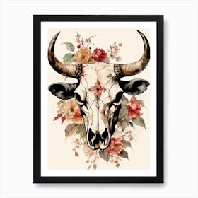Vintage Boho Bull Skull Flowers Painting (24) Art Print