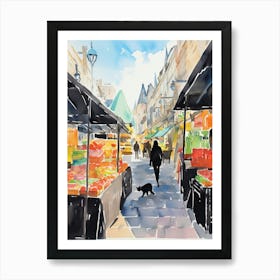 Food Market With Cats In Cambridge 4 Watercolour Art Print