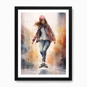 Girl Skateboarding In Montreal, Canada Watercolour 2 Art Print