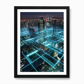 A Futuristic Cityscape Interconnected By Glowing Cyber Security Mesh Networks Represented By Pulsat (7) Art Print