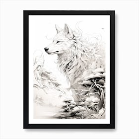 Japanese Wolf Line Drawing 2 Art Print