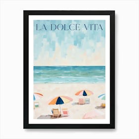 La Dolce Vita. Gouache Sea Landscape with Quote. Vintage Travel Poster