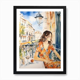 At A Cafe In Malaga Spain Watercolour Art Print