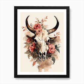 Vintage Boho Bull Skull Flowers Painting (32) Art Print