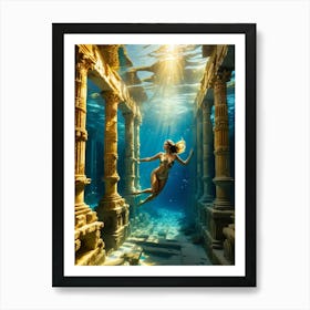 Woman swimming in gold underwater ruin 3 Poster