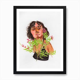 Graphic Portrait Lady With Flowers Art Print