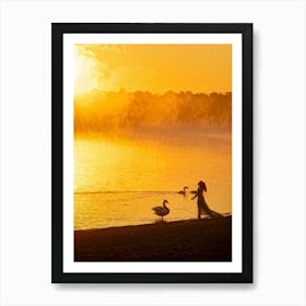 Beach At Sunrise Silhouetted Figure Meditating By The Shore Warm Glow Of Morning Light Reflecting (1) Art Print