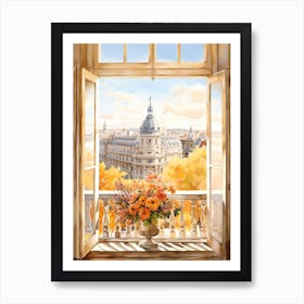 Window View Of Madrid Spain In Autumn Fall, Watercolour 1 Art Print