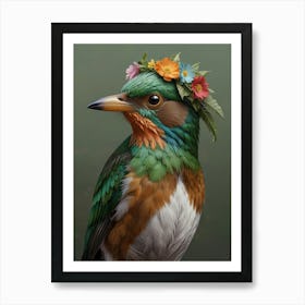 Kingfisher With Flower Crown European Robin 1 Art Print