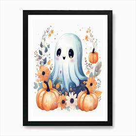 watercolour Ghost With Pumpkins Art Print