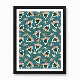 Green Bulls with Flower Crowns on Teal Art Print