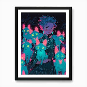 Girl With Cats Art Print