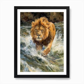 Barbary Lion Crossing A River Acrylic Painting 4 Art Print