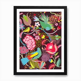 Tropical Forest Flower Birds Art Print
