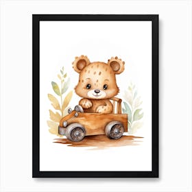 Rabbit Bunny On A Toy Car, Watercolour Nursery 2 Art Print