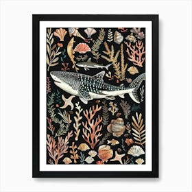 Whale Shark Seascape Black Background Illustration 1 Art Print